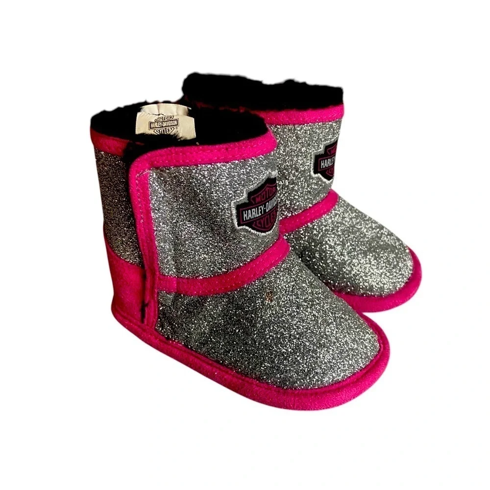 Harley Davidson Infant Rebel Girls Size 2 Slipper Boots Sparkly Crib Shoes
